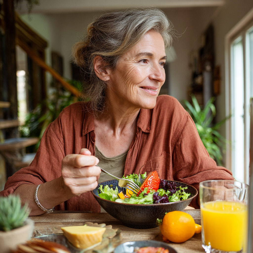 52 years old woman enjoying colorful healthy meal at dining table