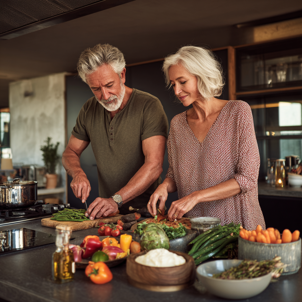 53 years old couple preparing healthy meal together in modern kitchen
